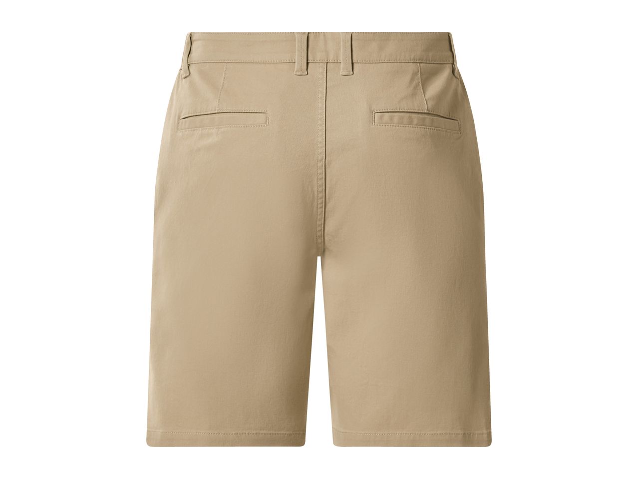 Back view of men's beige chino shorts with pockets and belt loops.