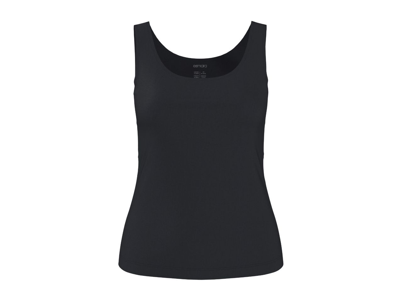 Black women's tank top with a label showing sizes S 36/38 and M 38/40.