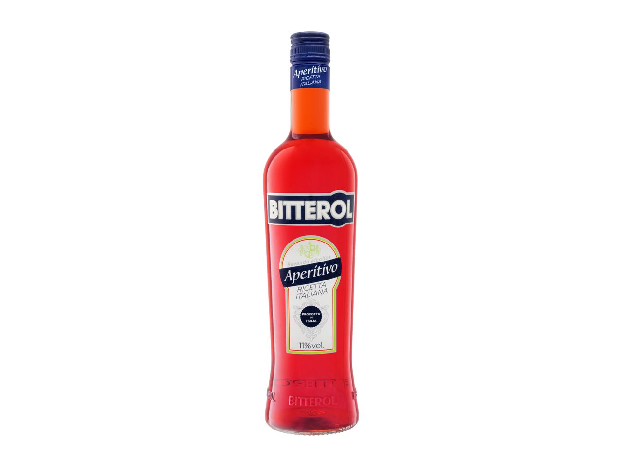 A bottle of red Italian aperitif with a blue cap and a label stating 'Aperitivo Ricetta Italiana' and '11% vol.'