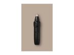 Black nose and ear hair trimmer with a silver tip and a power button, centered on a beige background.