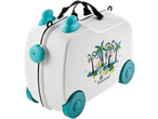 White kids' ride-on suitcase with teal accents and a jungle animal design, featuring '60 bananas!' text.