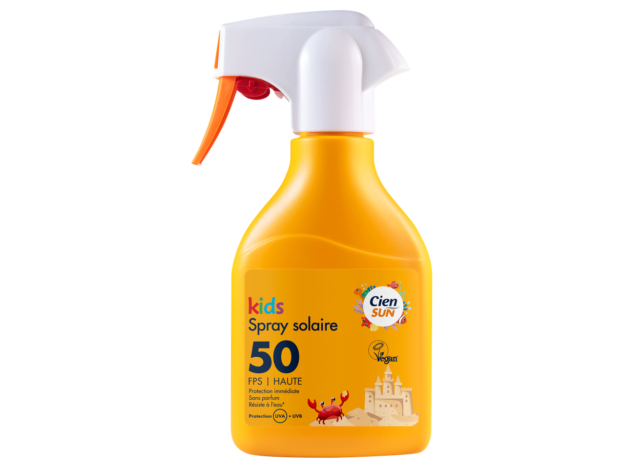 Bouteille de spray solaire pour enfants, FPS 50, avec des motifs de plage et la mention 'Vegan'.