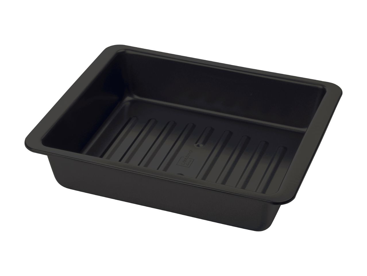 A black plastic storage tray with ribbed bottom.