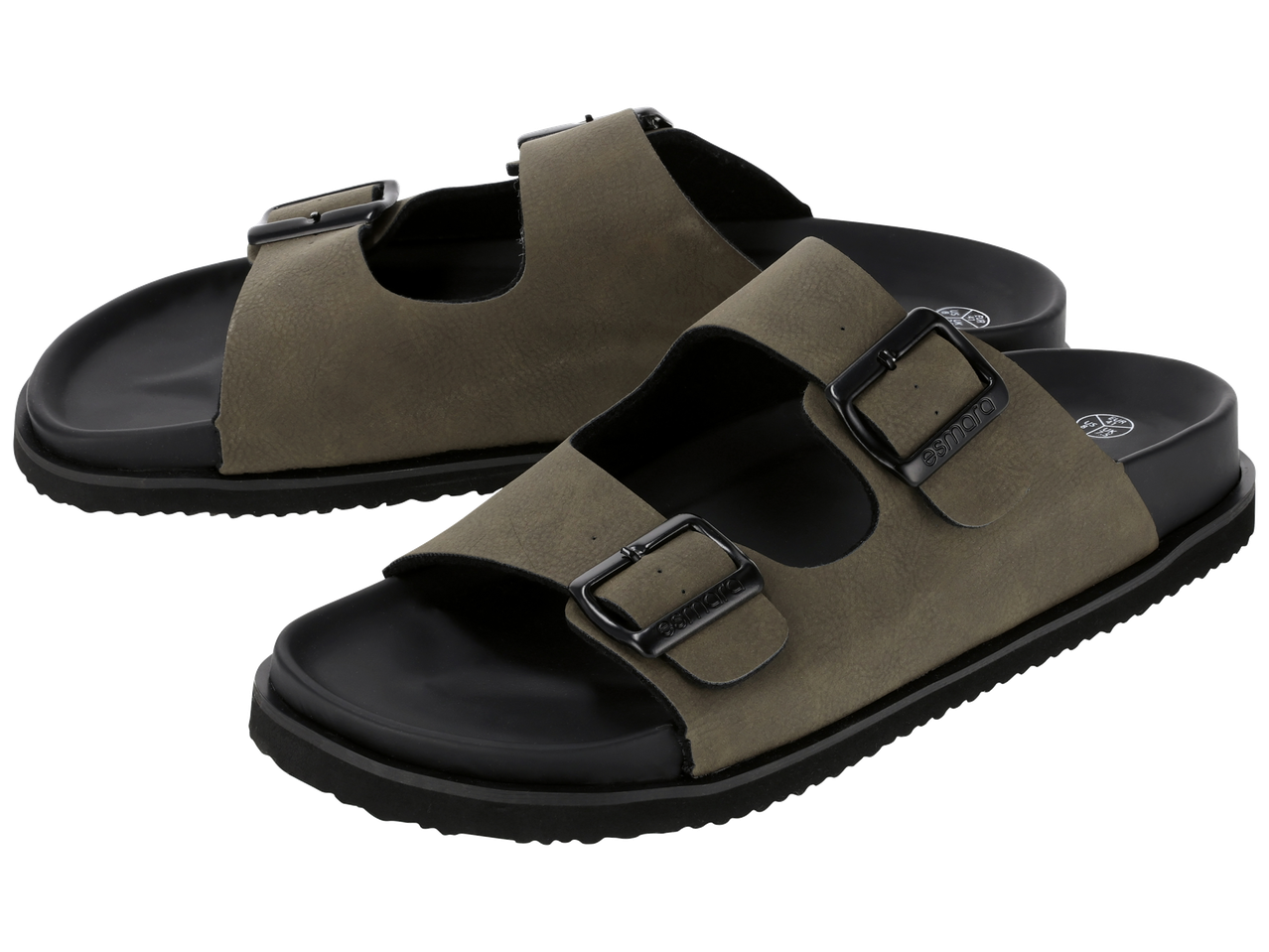 Sandales kaki à deux brides avec boucles noires et semelle noire texturée.