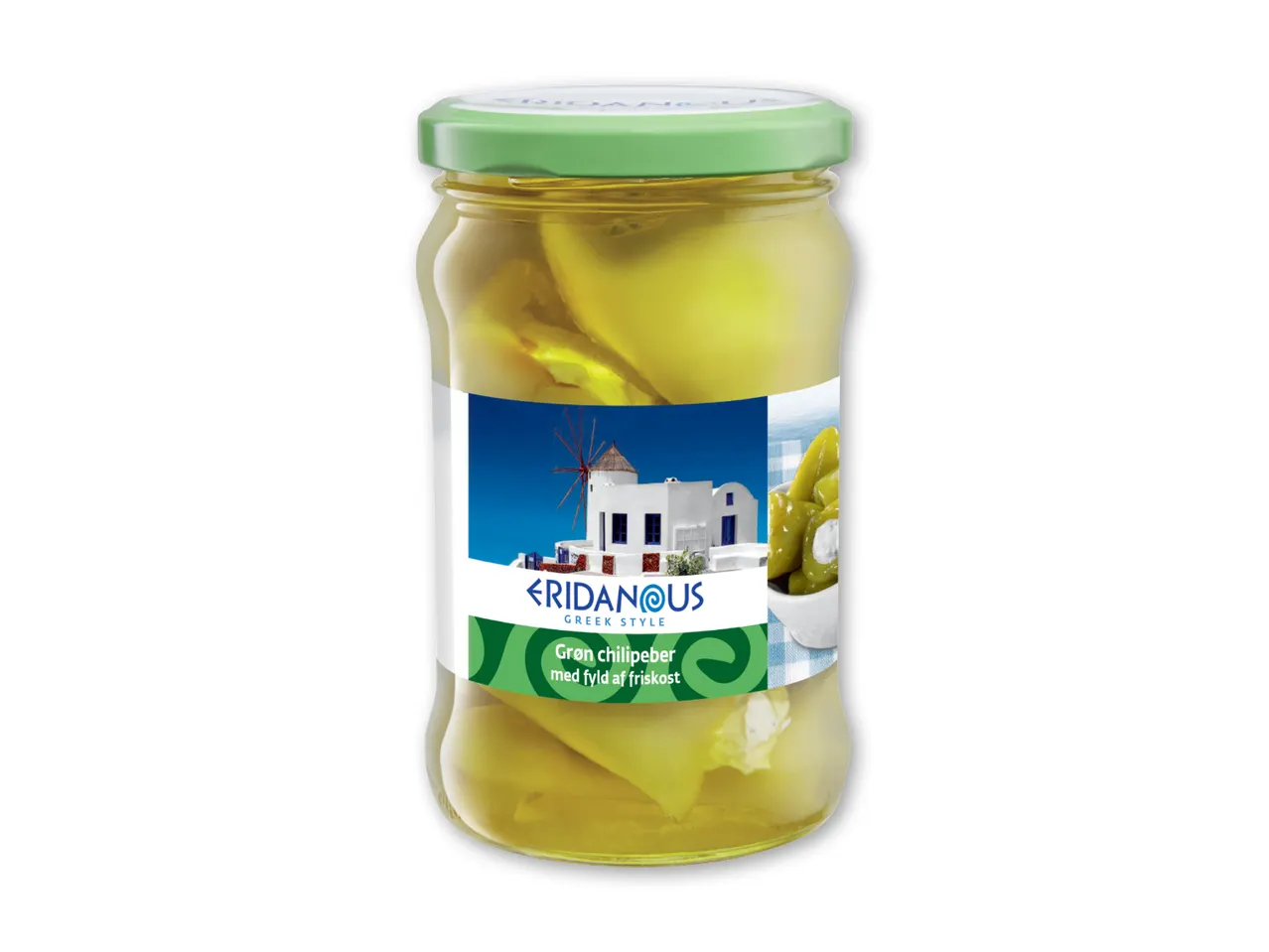 Glas med grønne, syltede pebre fra Ios.