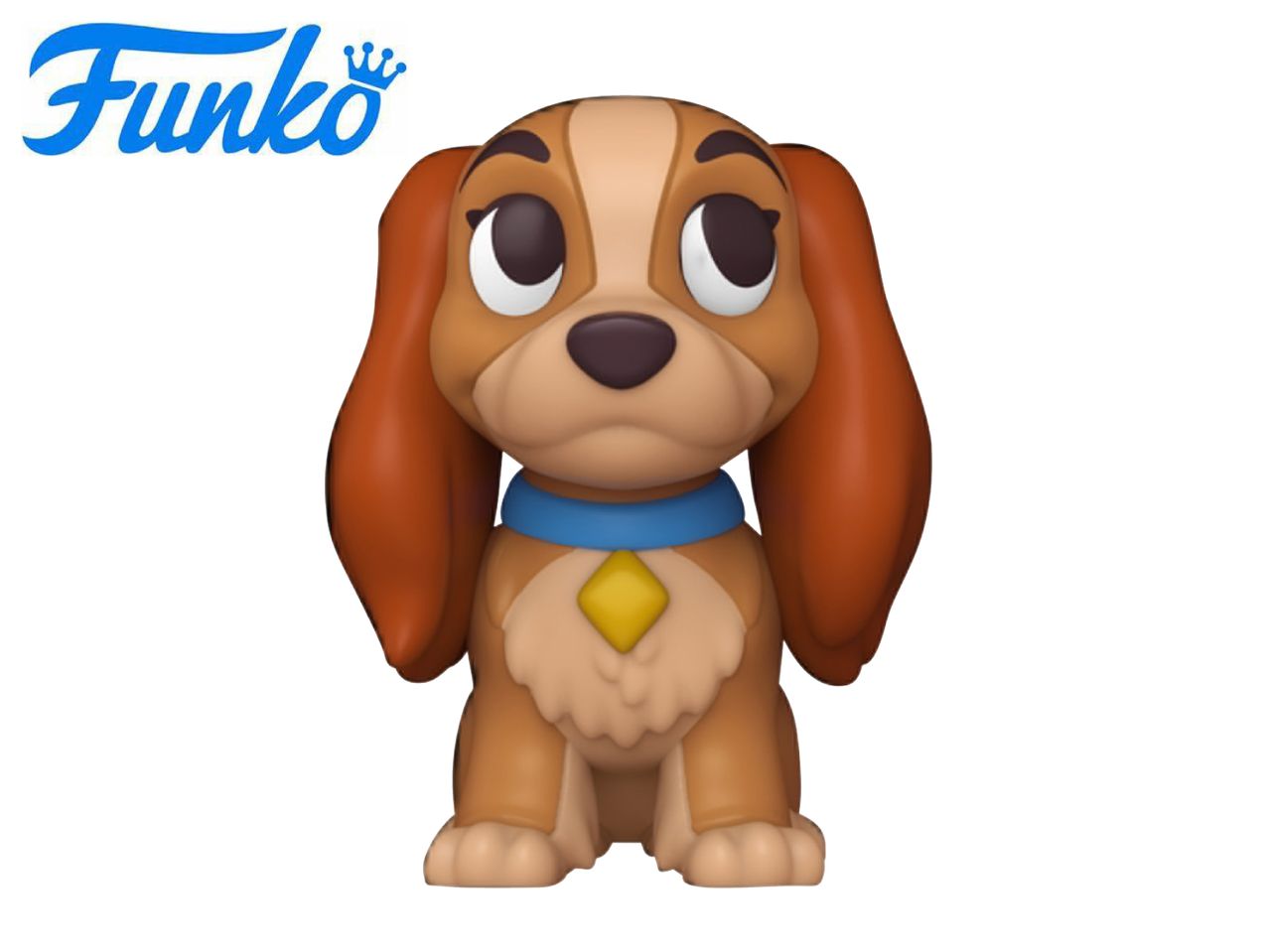 A brown dog figurine with a blue collar and yellow tag, with a logo in the top left.