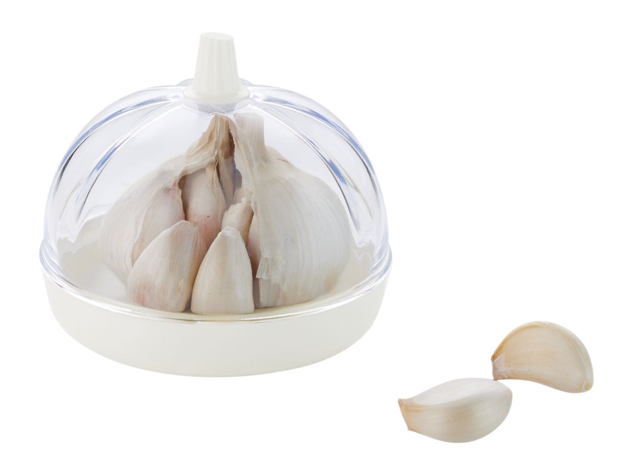 White plastic garlic keeper with separated cloves.