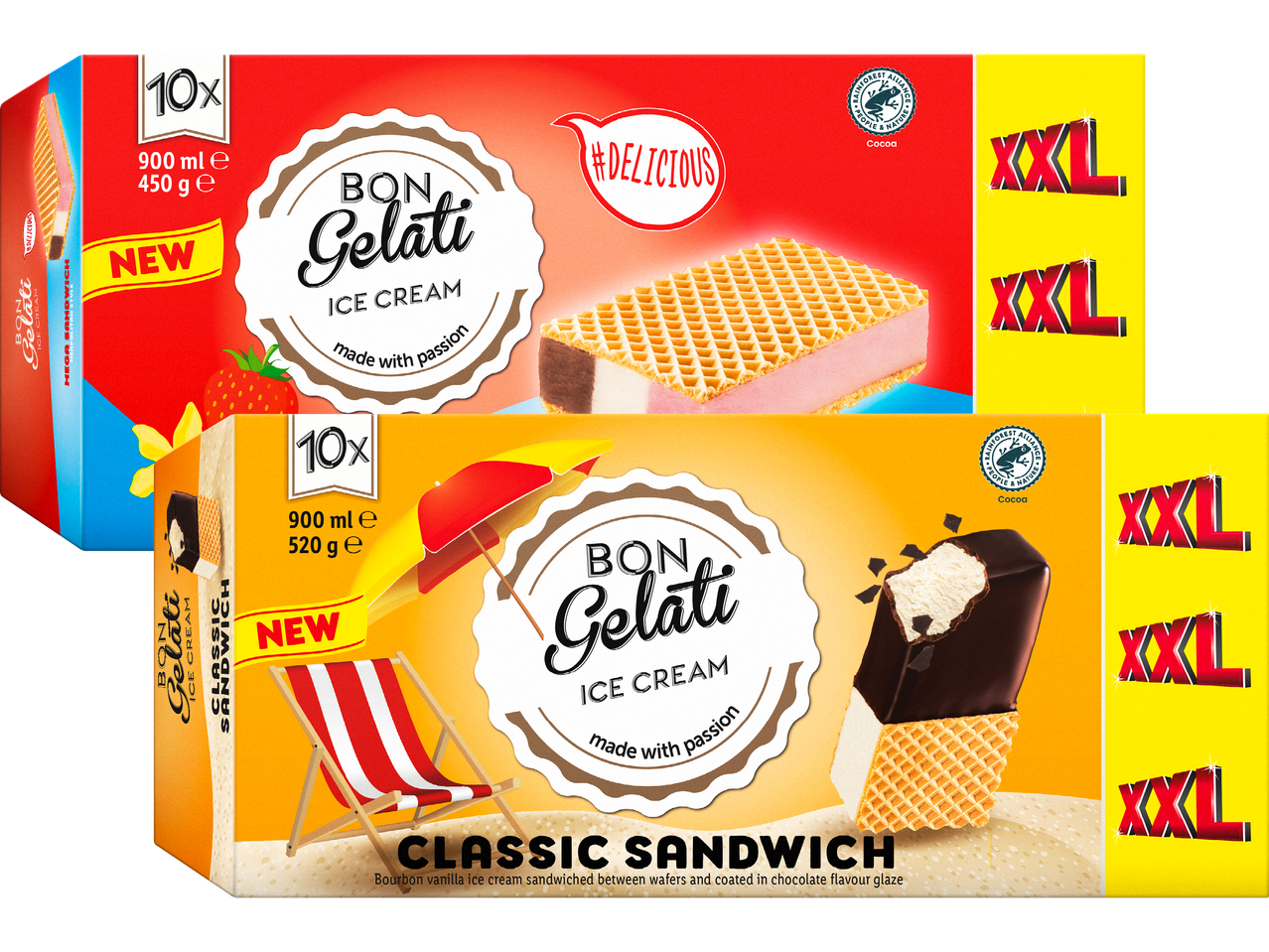Två Bon Gelati glassförpackningar: en röd med Neapolitan Mega Sandwich och en gul med Classic Sandwich.