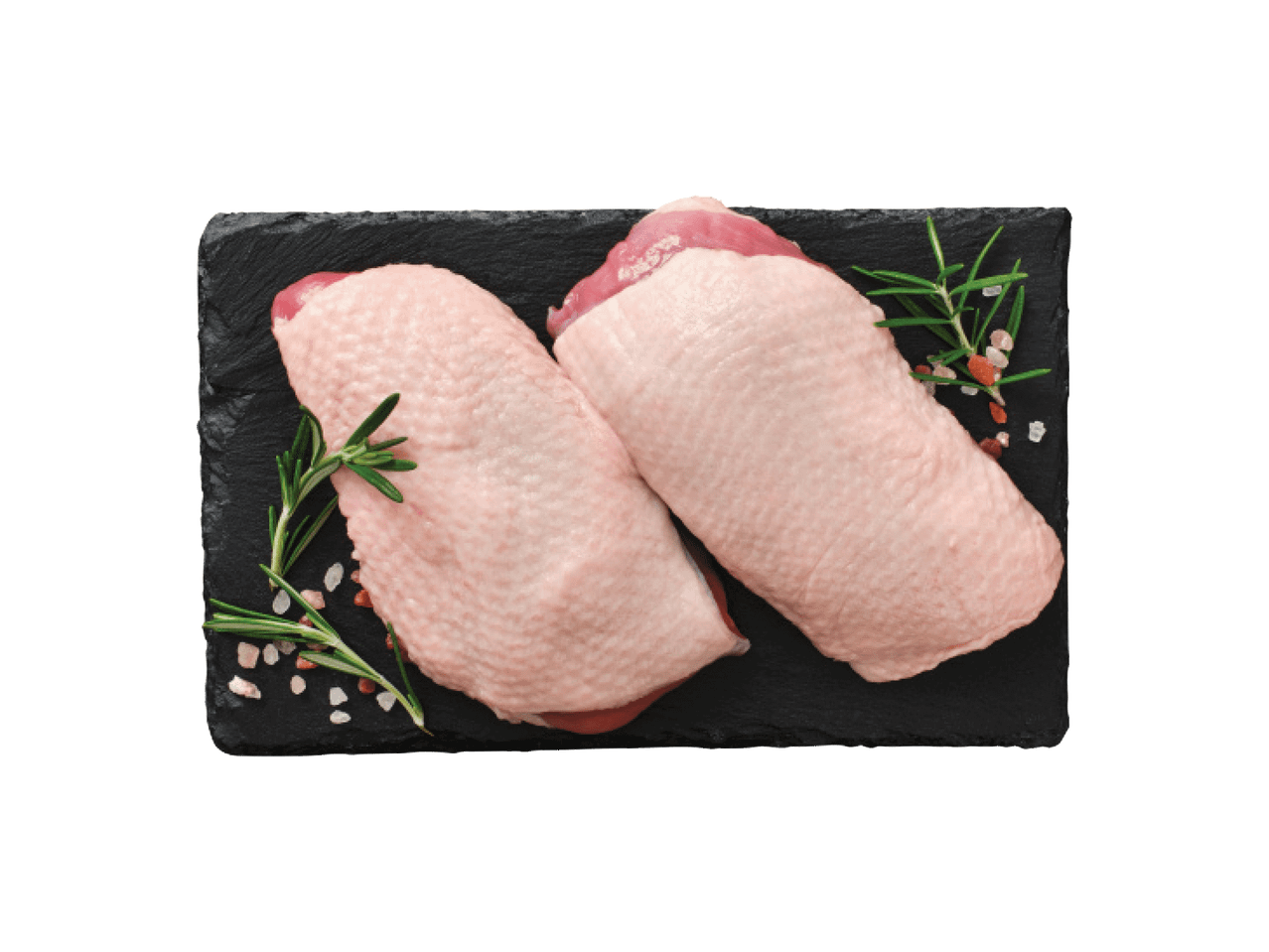 Kaks toorest pardikoiba rosmariini ja soolaga mustal kivil.