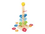 Wooden marble run with colorful numbered leaves and marbles