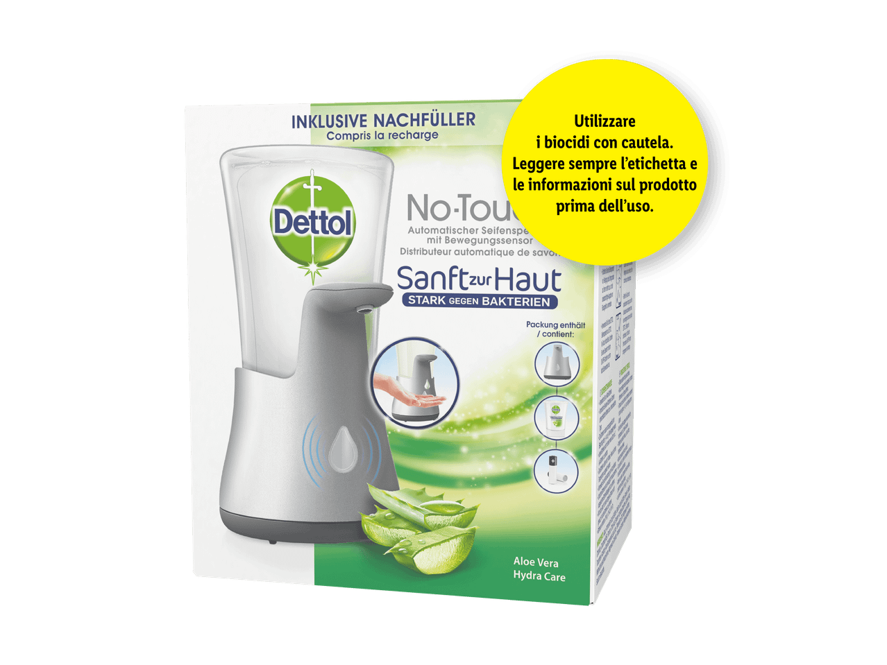 Dispenser automatico di sapone con ricarica Dettol all'aloe vera.