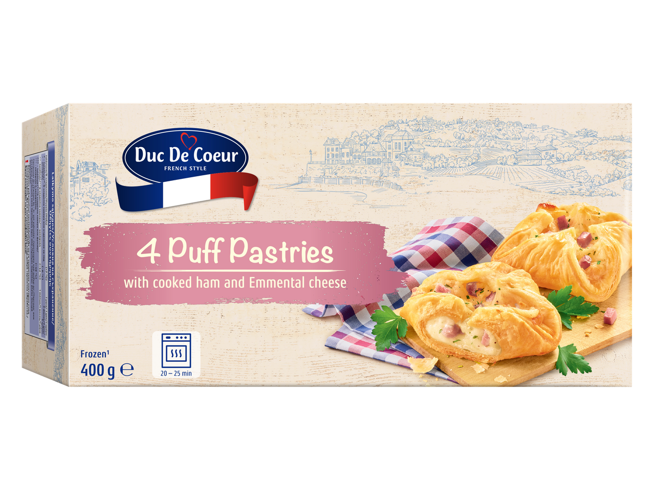 Dėžutė „Duc De Coeur“ 4 sluoksniuotos tešlos pyragėliai su virta kumpiu ir Emmental sūriu.