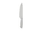 Ein silbernes Küchenmesser mit weißem Griff steht vor schwarzem Hintergrund.