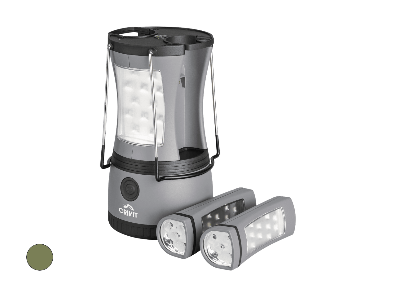 Ensemble de lampes de camping grises avec une lanterne et deux lampes de poche LED.