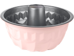 Pink bundt cake pan with a gray center tube.