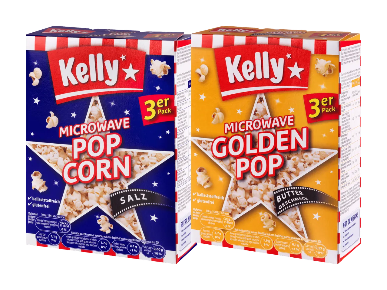 Zwei Packungen Mikrowellen-Popcorn, eine mit Salzgeschmack und eine mit Buttergeschmack.