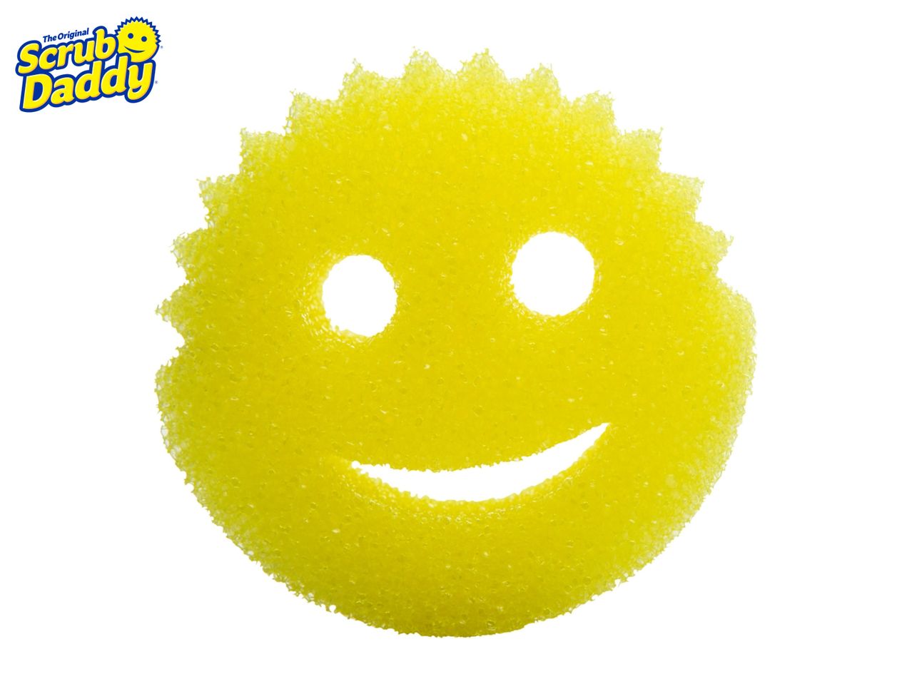 A yellow, smiley-face shaped Scrub Daddy sponge.