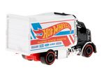 Toy truck with a white cargo box featuring a red and yellow flame logo and racing stripes.