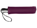 A folded purple umbrella with a black handle and a black wrist strap.