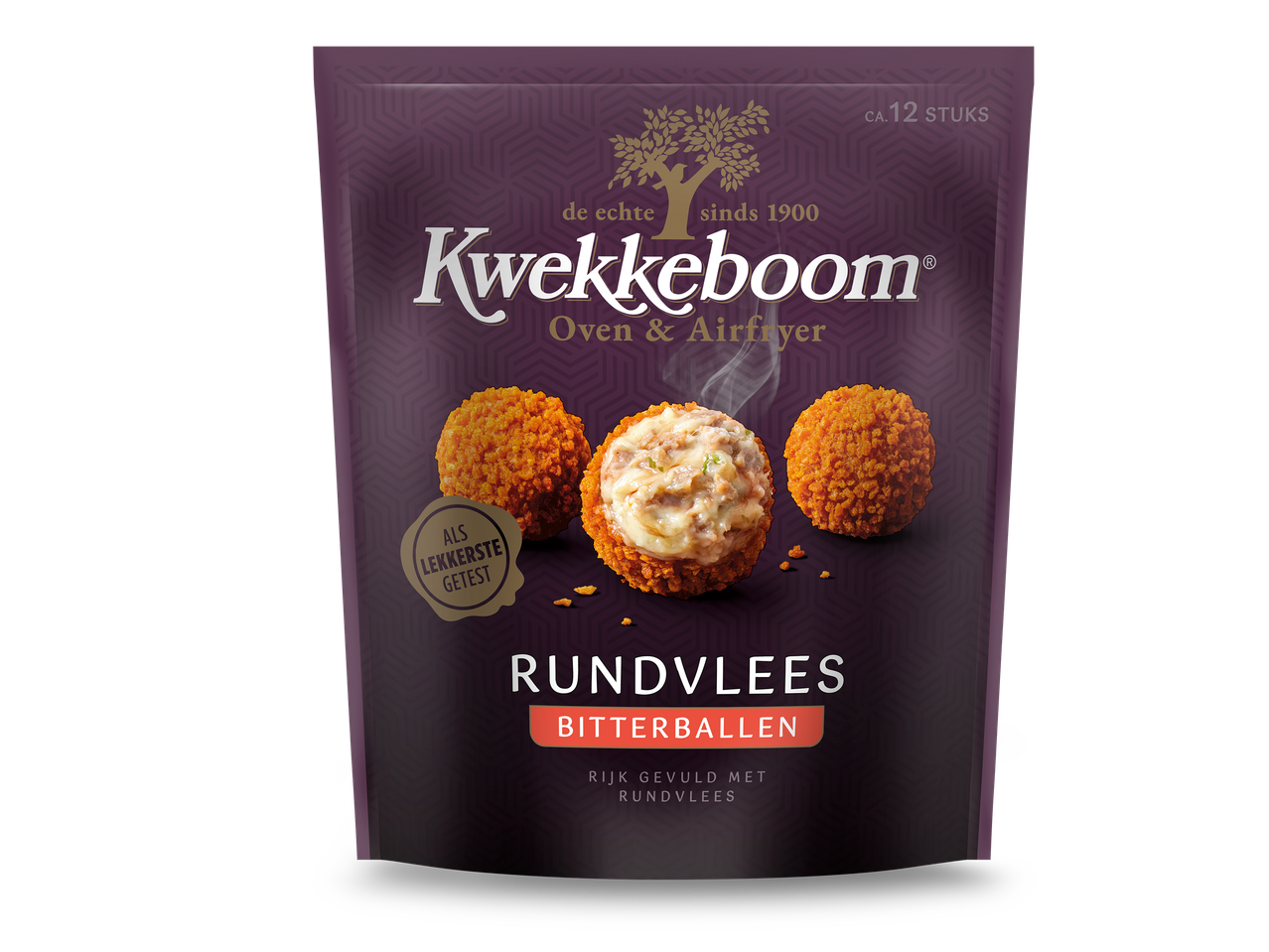 Verpakking met 12 rundvlees bitterballen, geschikt voor oven en airfryer, getest als lekkerste.