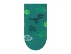 Green children's sock with a dinosaur and leaf pattern.