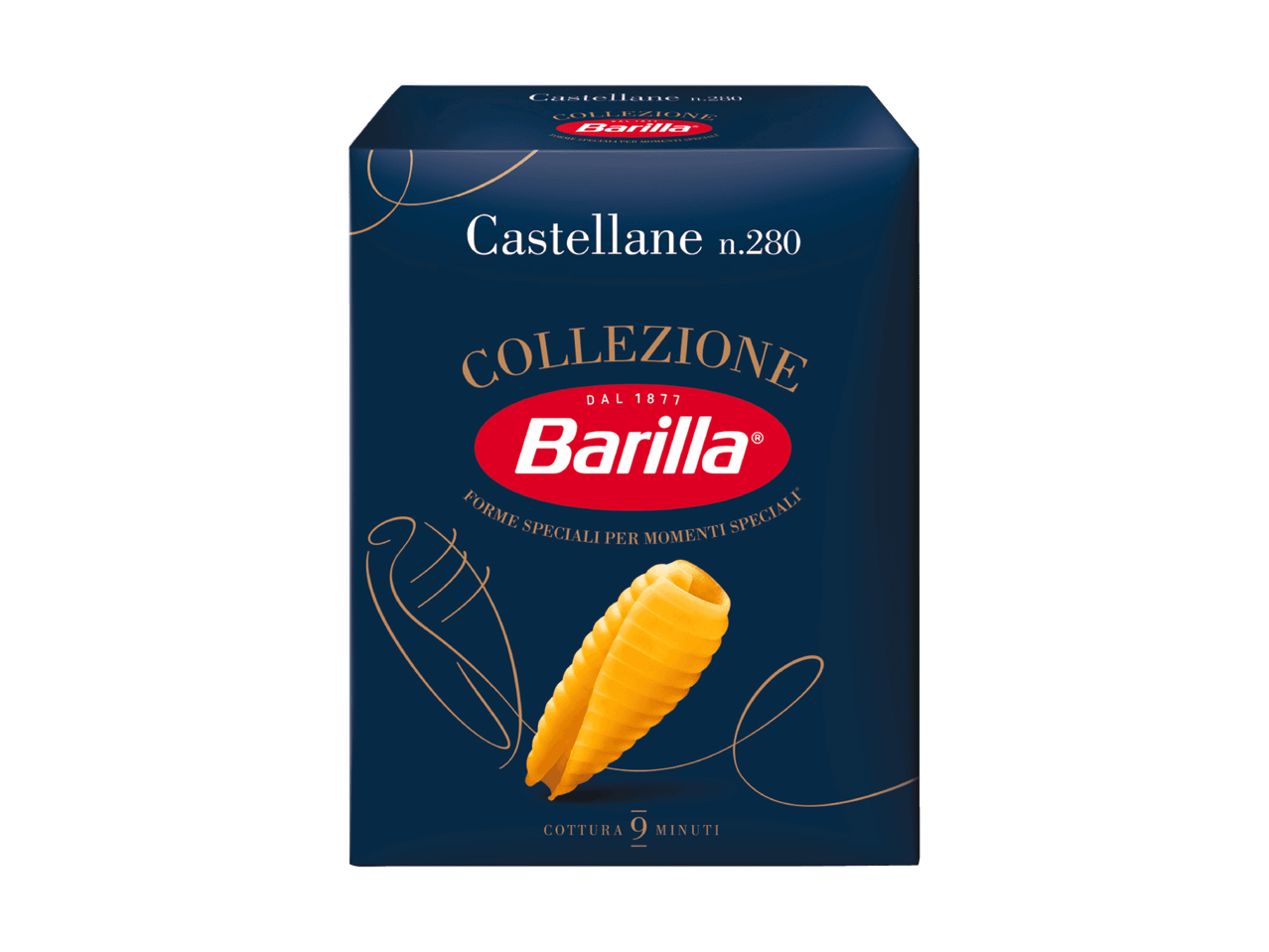 Dunkelblaue Packung Castellane-Nudeln mit goldenen Verzierungen und einer spiralförmigen Nudel.
