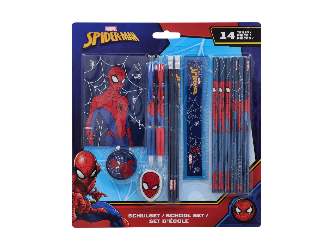 Spider-Man skole-sæt med blyanter, notesbog og lineal.