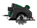 A green and black circular saw with a visible blade, featuring a red power button and a dust extraction port.