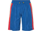 Blue swim shorts with red, white, and yellow side stripes and a yellow drawstring.