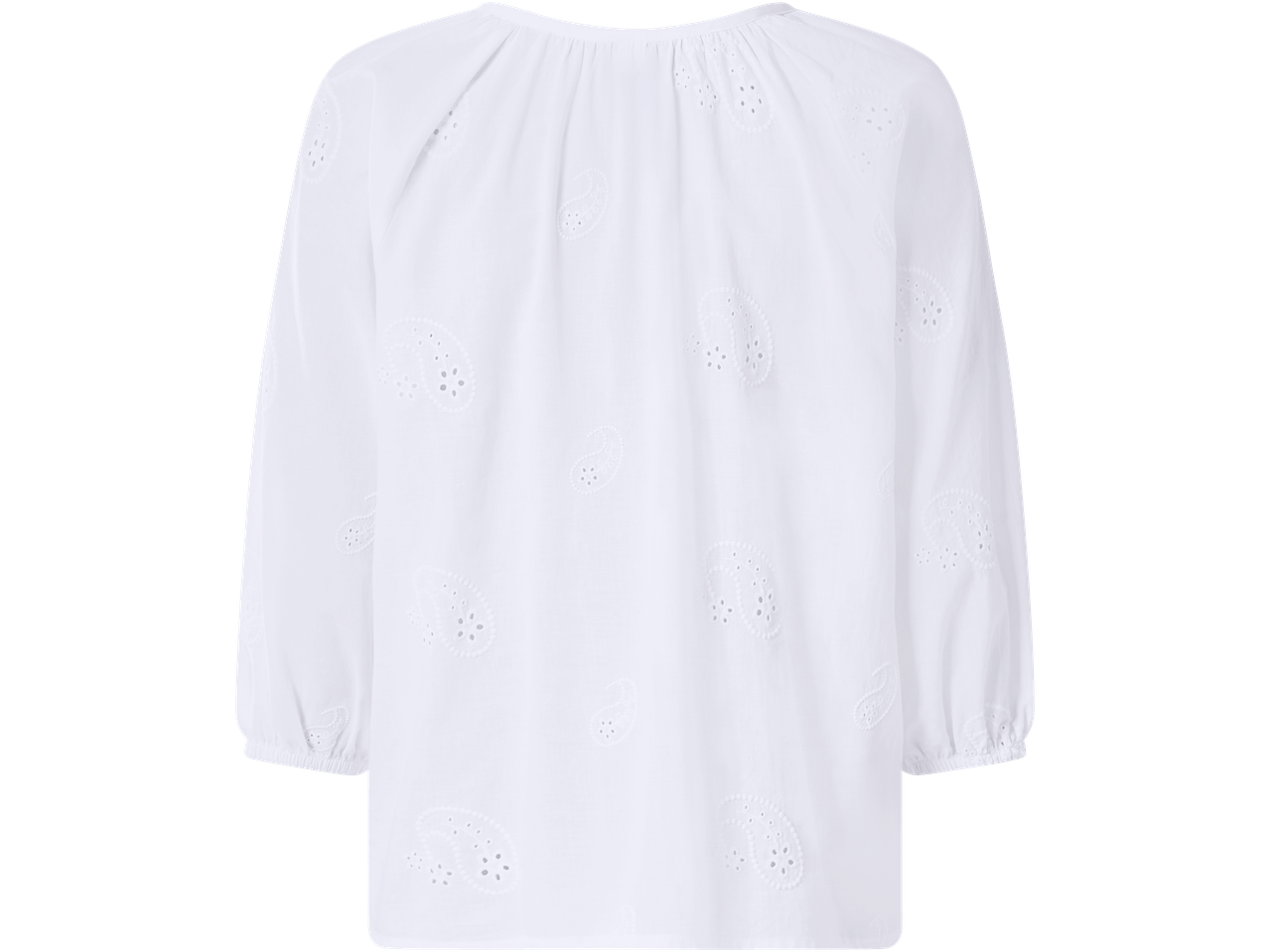 Blusa branca ESMARA com bordado paisley, mangas 3/4 e decote franzido.