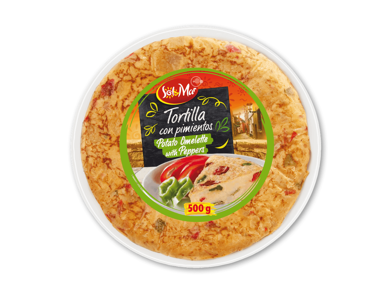 Spansk tortilla med peberfrugter i en hvid skål, med etiket der viser en skive af tortillaen.