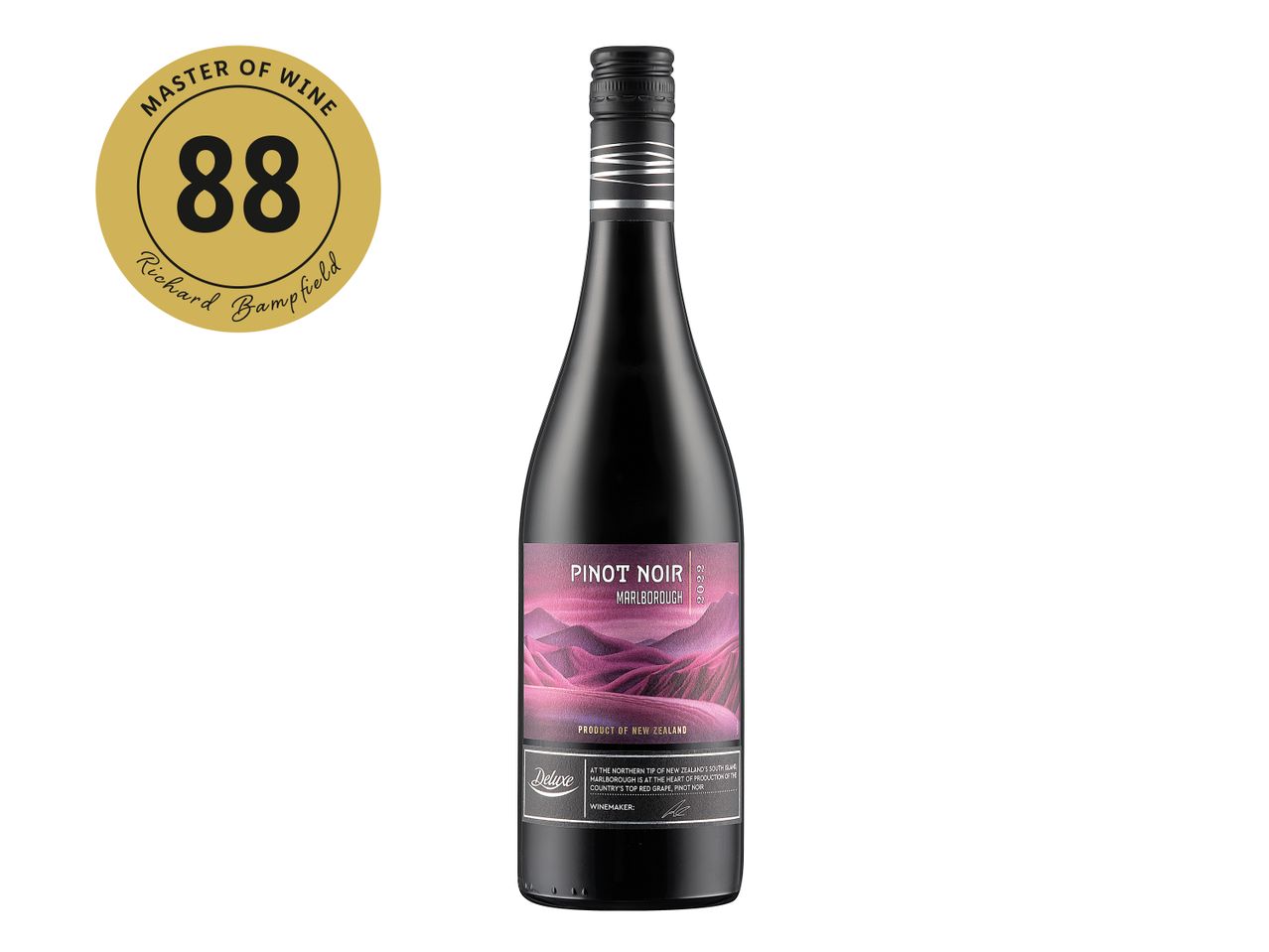 Pinot Noir Marlborough wine bottle, 88 rating by Richard Bampfield.
