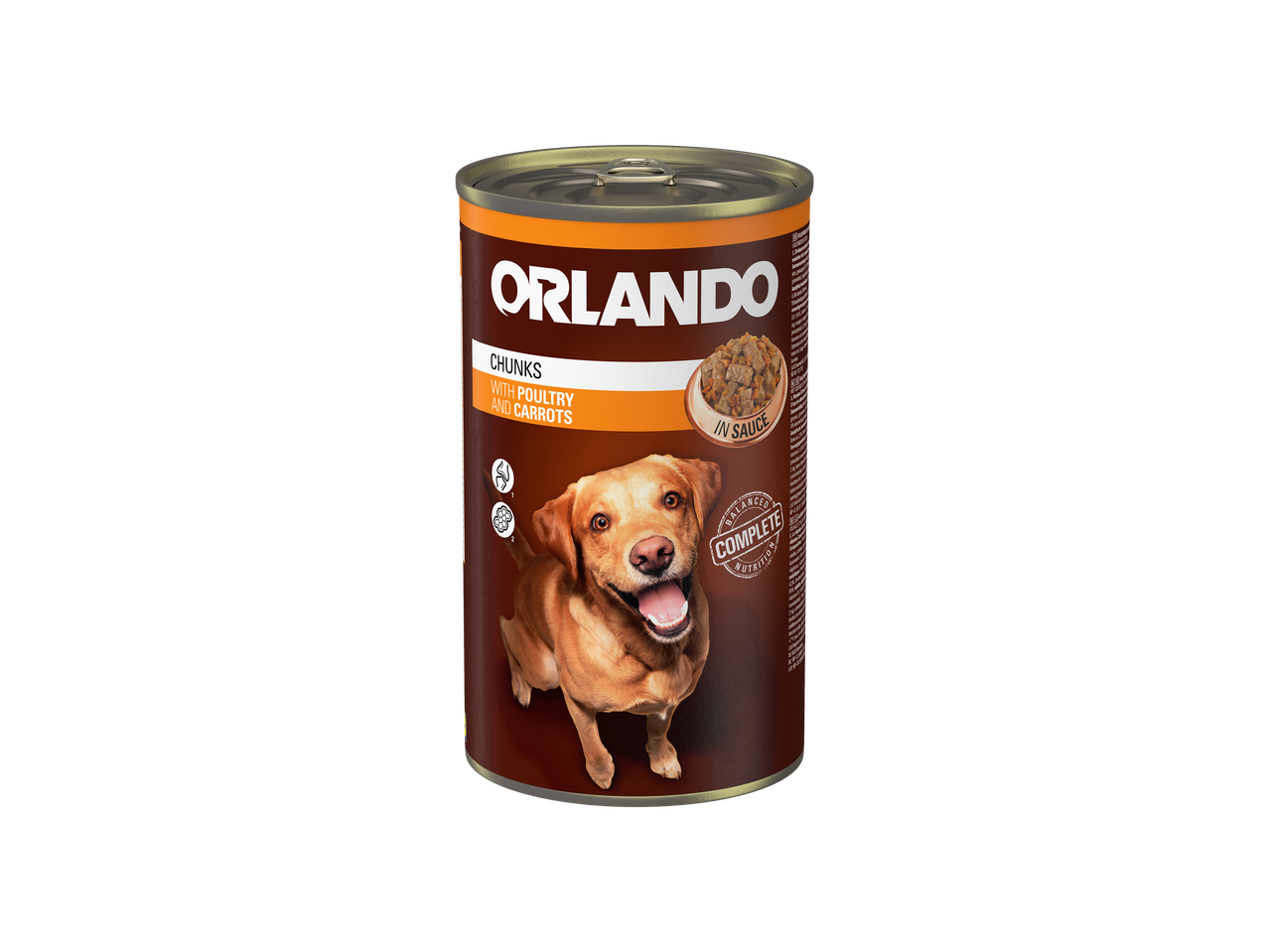 Boîte de nourriture pour chien Orlando aux volailles et carottes, avec un chien joyeux