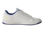 White sneakers with blue accents.