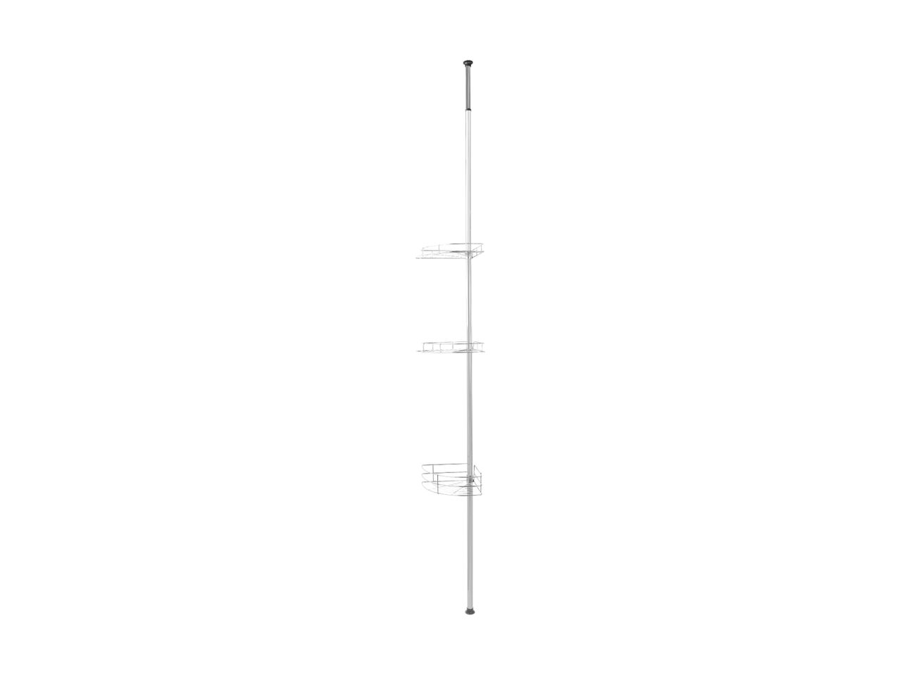 A silver shower caddy with three wire shelves, designed to be tension-mounted from floor to ceiling.