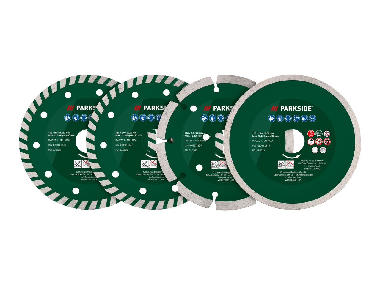 Four green and white cutting discs with various specifications and safety icons.