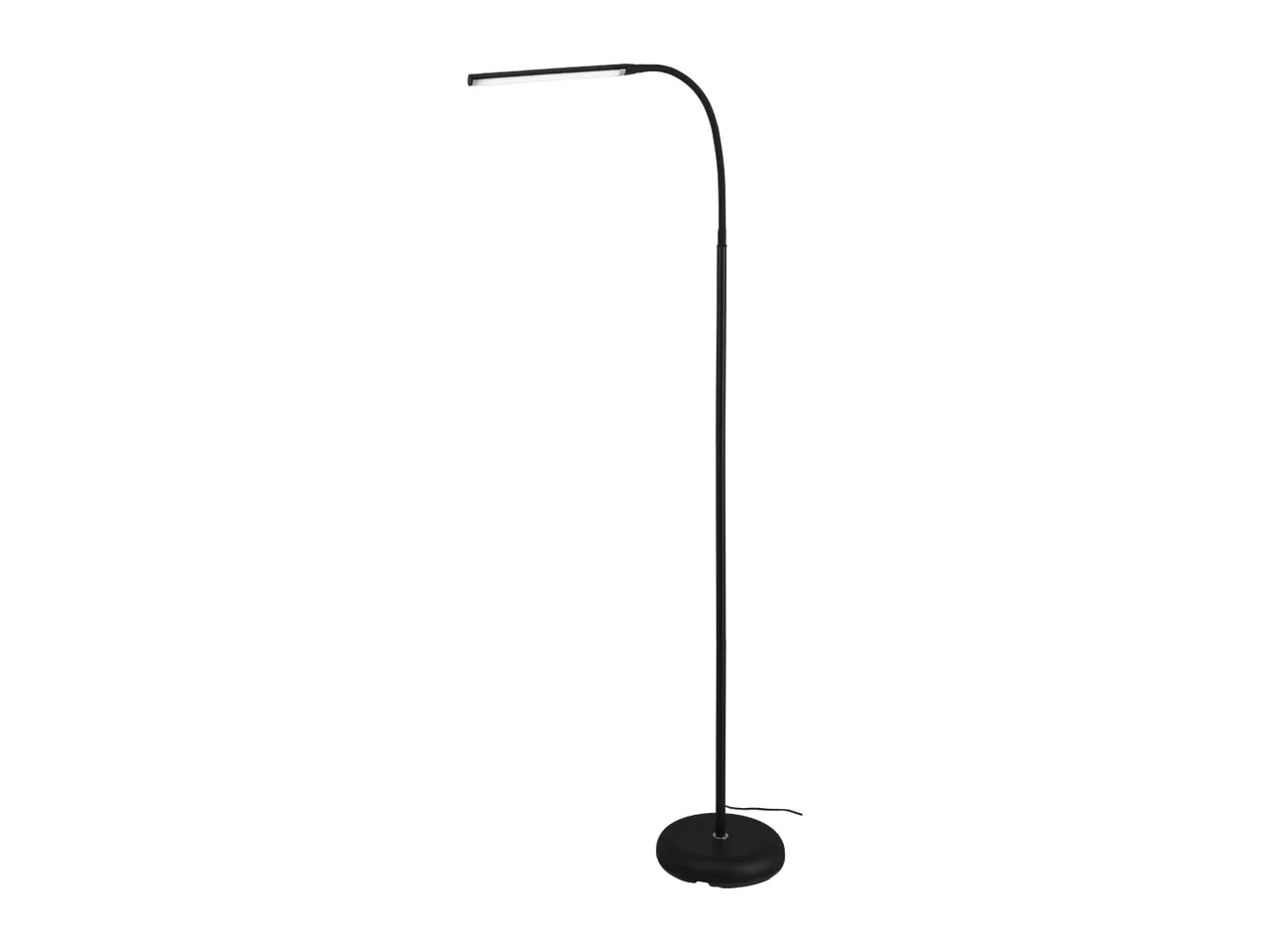 Black LED floor lamp with a curved neck and round base