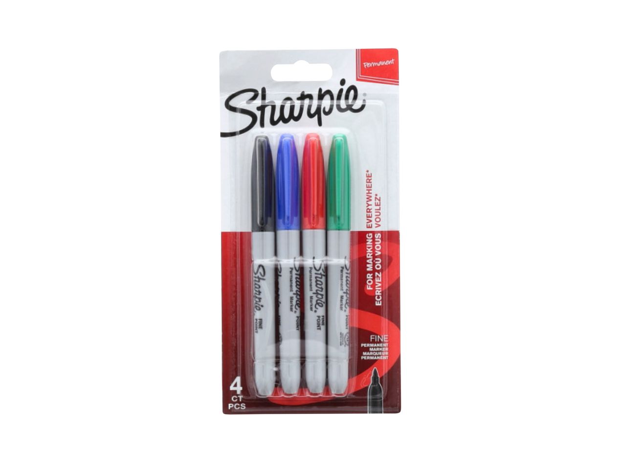 Pakovanje od četiri crne, plave, crvene i zelene flomastera Sharpie.