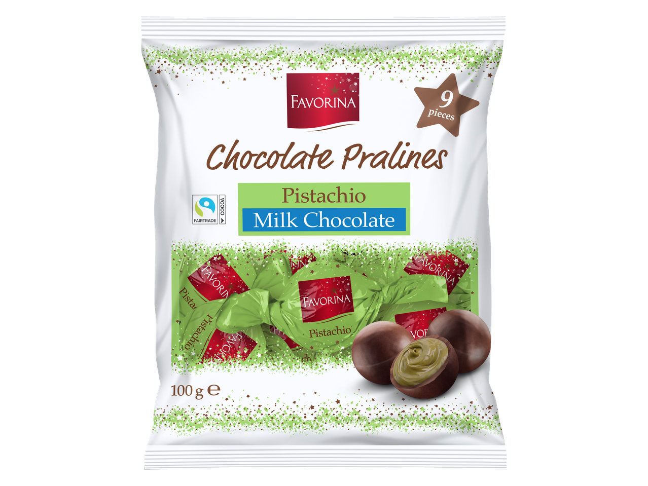 Favorina pistaatsia piimašokolaadi kommid, 100g kott 9 tükiga.