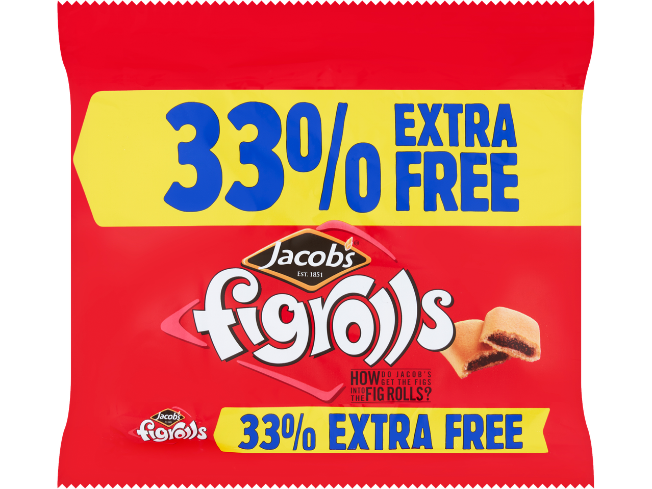 A package of Jacob's Fig Rolls with a 33% extra free offer.