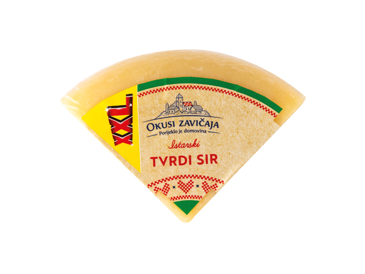 Kriška Istarskog tvrdog sira Okusi zavičaja s etiketom XXL na crnoj pozadini.