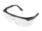 Clear safety glasses with black frames, angled view.