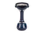 Dark blue handheld garment steamer with a transparent water tank and a brush attachment.