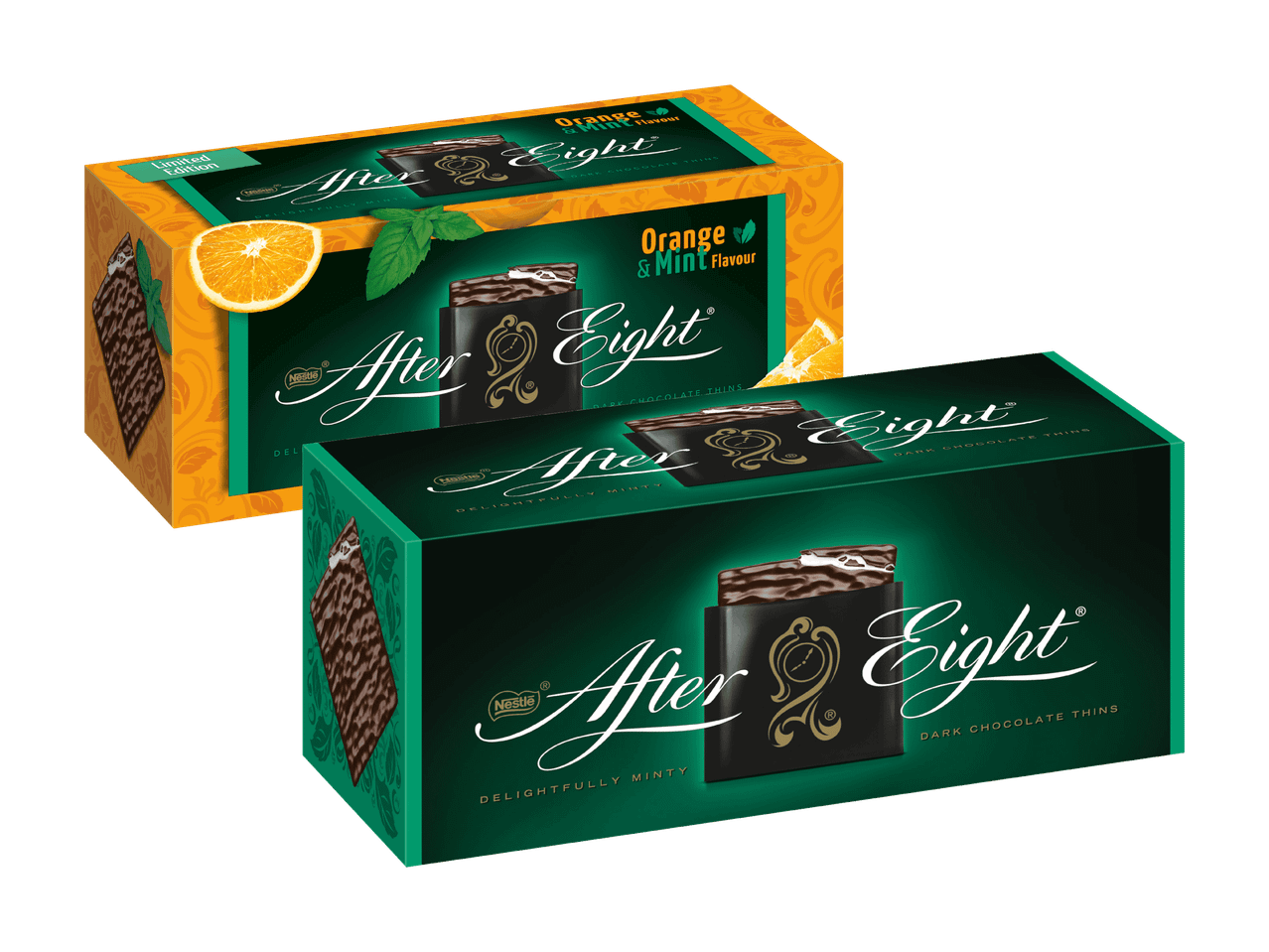 Zwei Schachteln limitierter After Eight Schokoladentafeln mit Orangen-Minz-Geschmack.