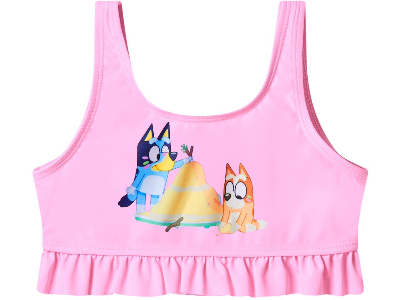 Top de biquíni rosa para menina com Bluey e Bingo a brincar na areia.