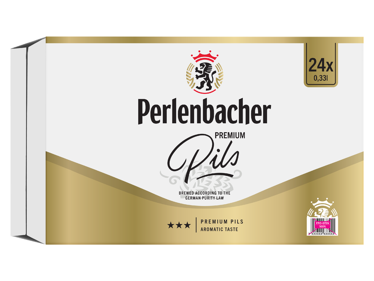 Кашон с 24 бири тип пилз, 0,33 л всяка, с надпис „Premium Pils“ и „Brewed according to the German Purity Law“.