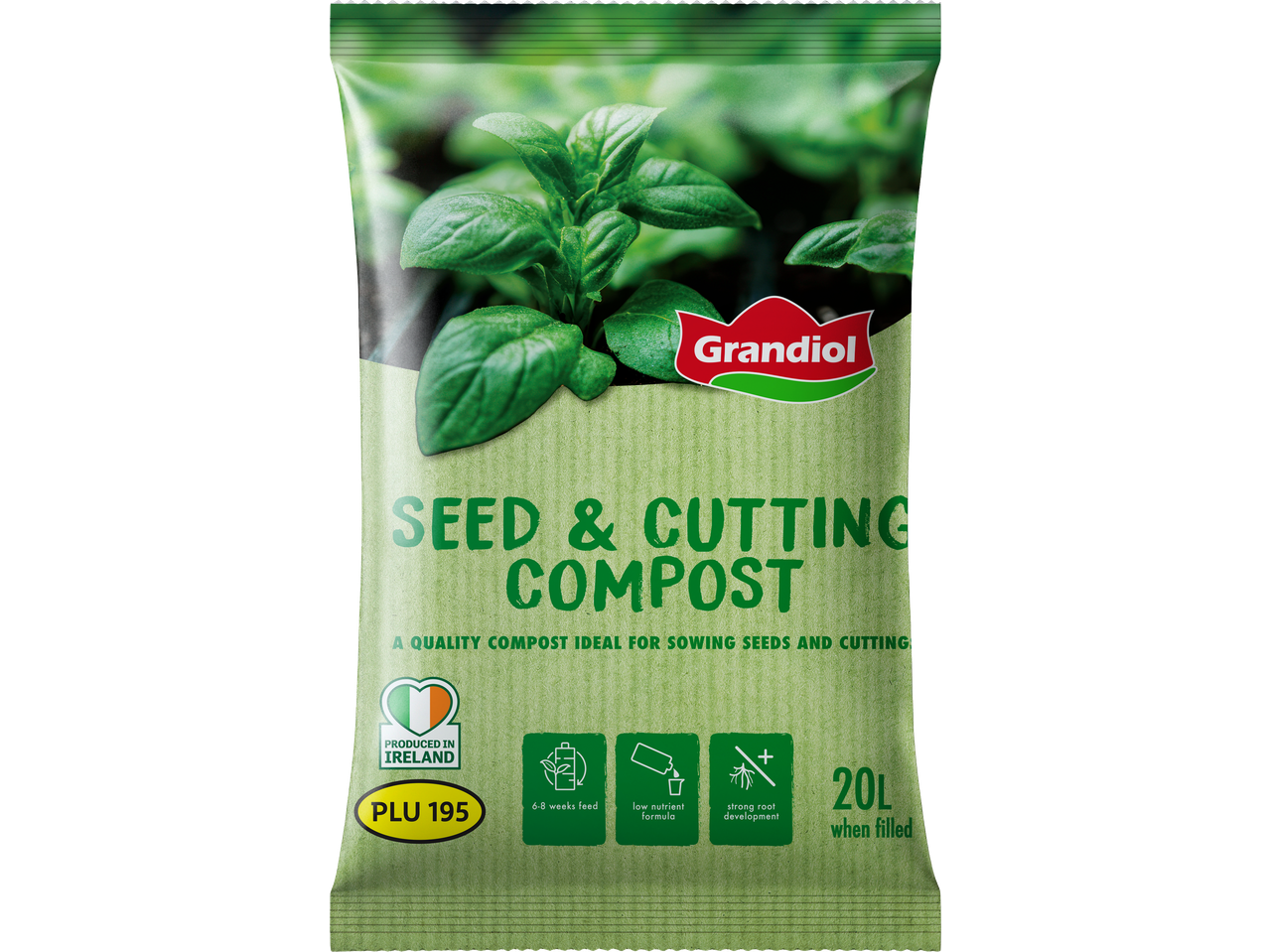 Grandiol Seed & Cutting Compost bag, 20L, produced in Ireland, with icons for feeding, nutrients, and root development.