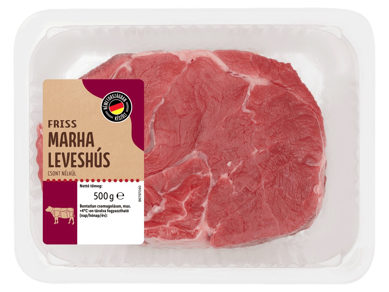 Friss, csont nélküli marha leveshús tálcás csomagolásban.