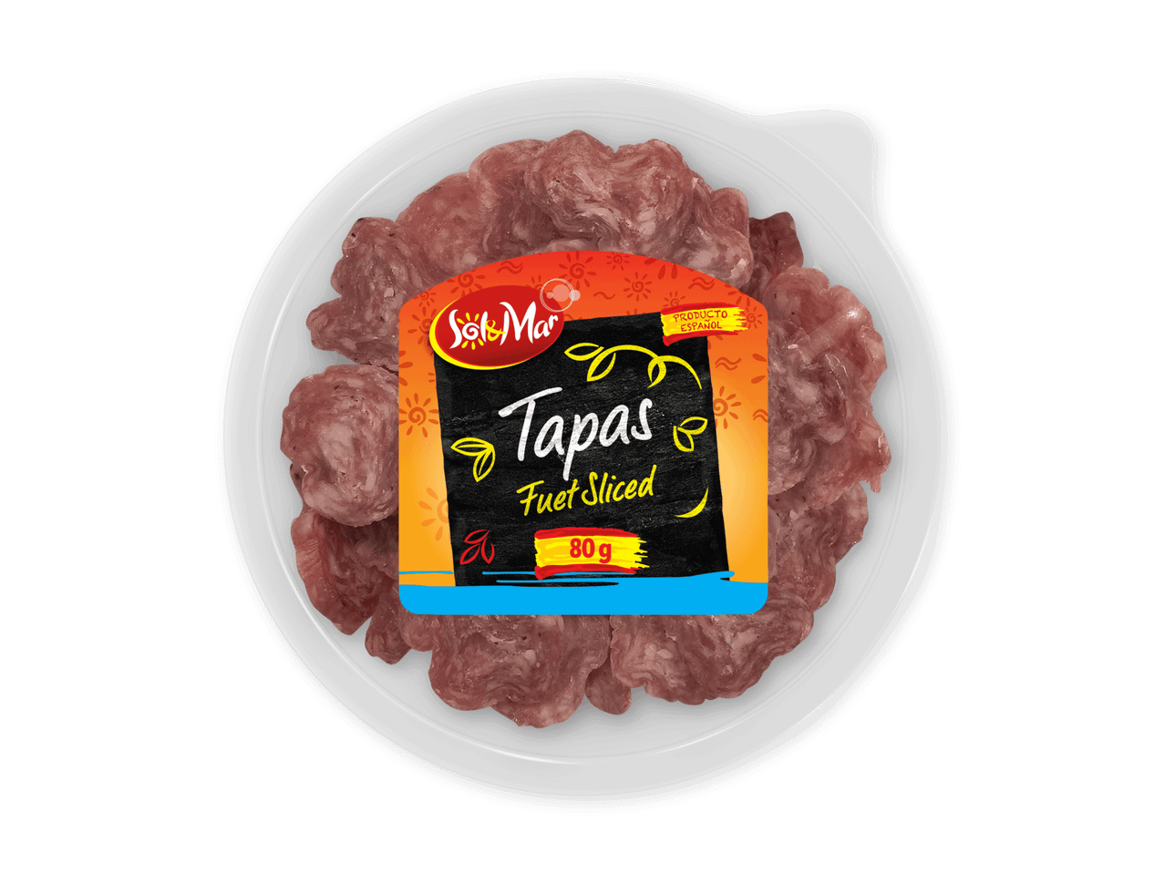 En pakke med skåret fuet-pølse, mærket som tapas, med en vægt på 80g.