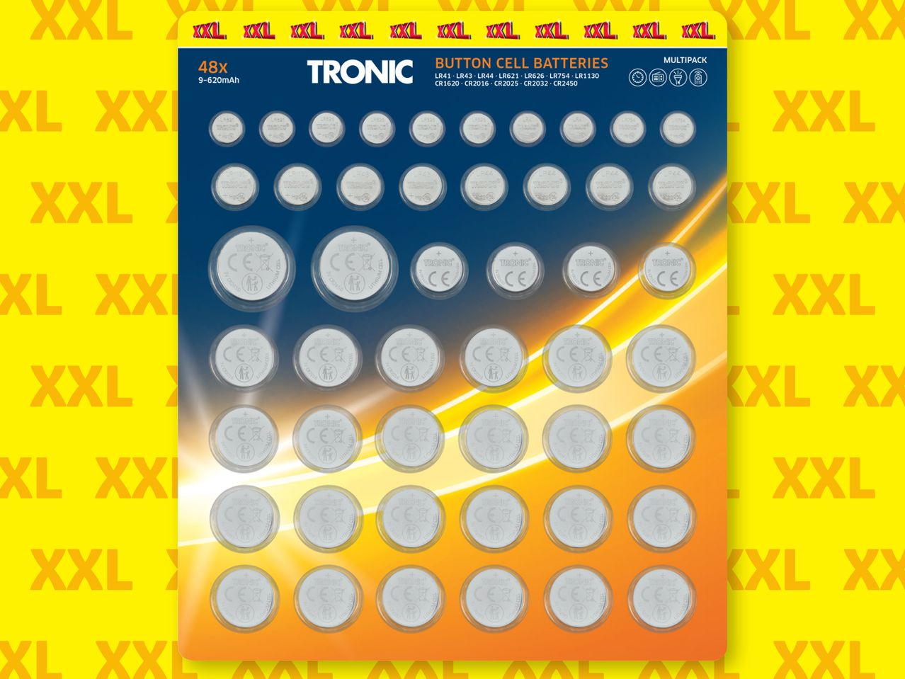 48 броя батерии тип копче в XXL опаковка Tronic®.